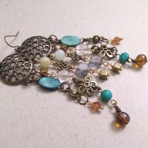 Handmade!!! Extra Long Chandelier Earrings! Loaded w. Beads Crystals Connectors - Picture 9 of 12